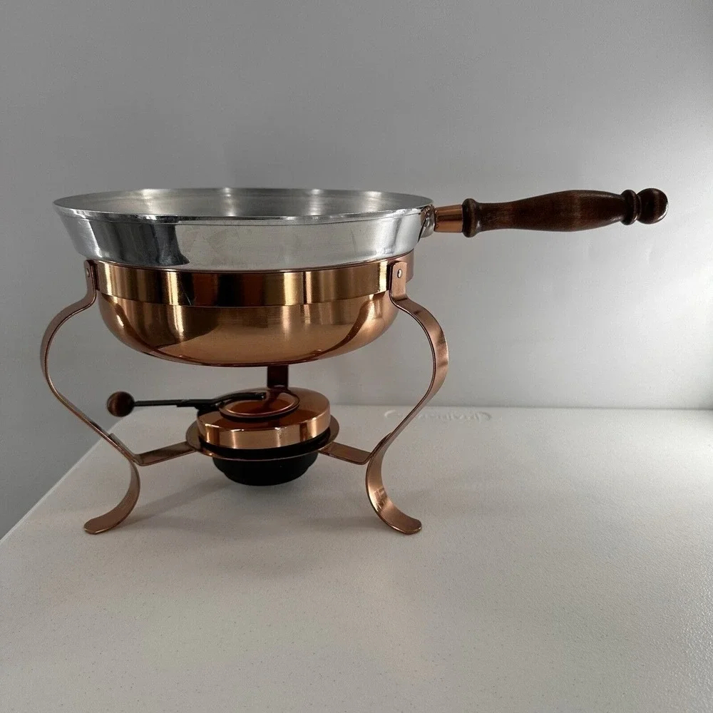 Iron and Copper Chafing‎ Dish Fondue Pan Set Wooden Handle Lightweight No Lid